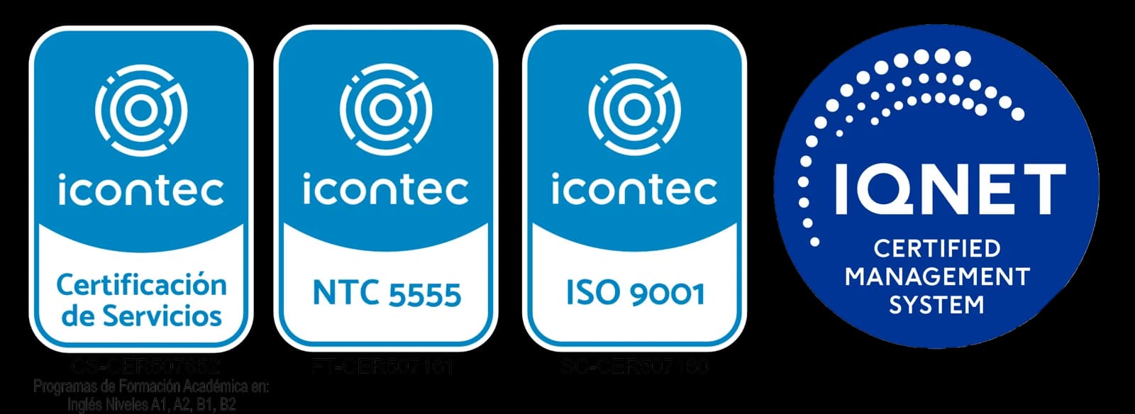 Sellos Icontec: Certificación de Servicios, NTC 5555, ISO 9001, e IQNet Certified Management System
